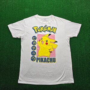 Pokemon Tshirt Mens Large White Short Sleeve Pikachu Cotton Crewneck Graphic